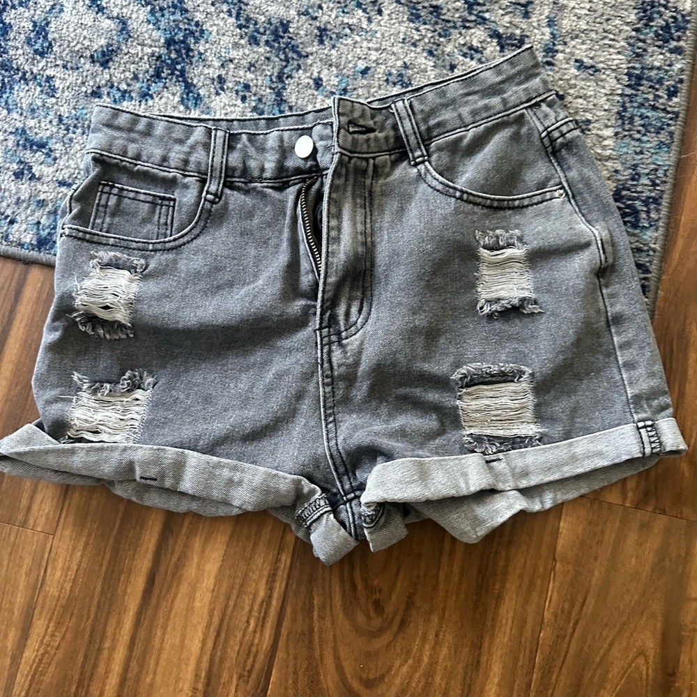 SHEIN Distressed Rolled Cuff Gray Denim Shorts